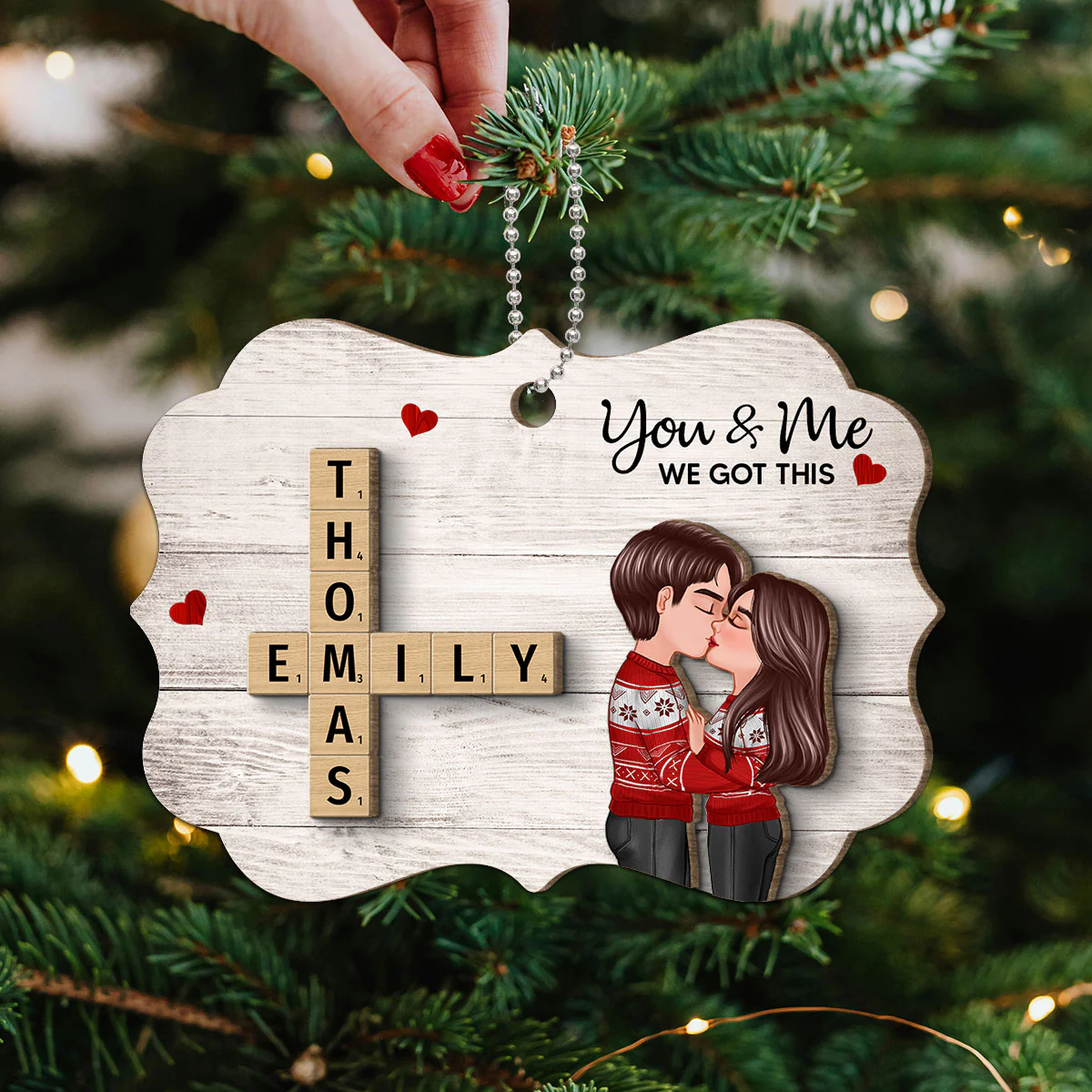 You & Me We Got This Couple Hugging Kissing Crossword Puzzle Art Personalized 2-Layer Wooden Ornament - Image 5