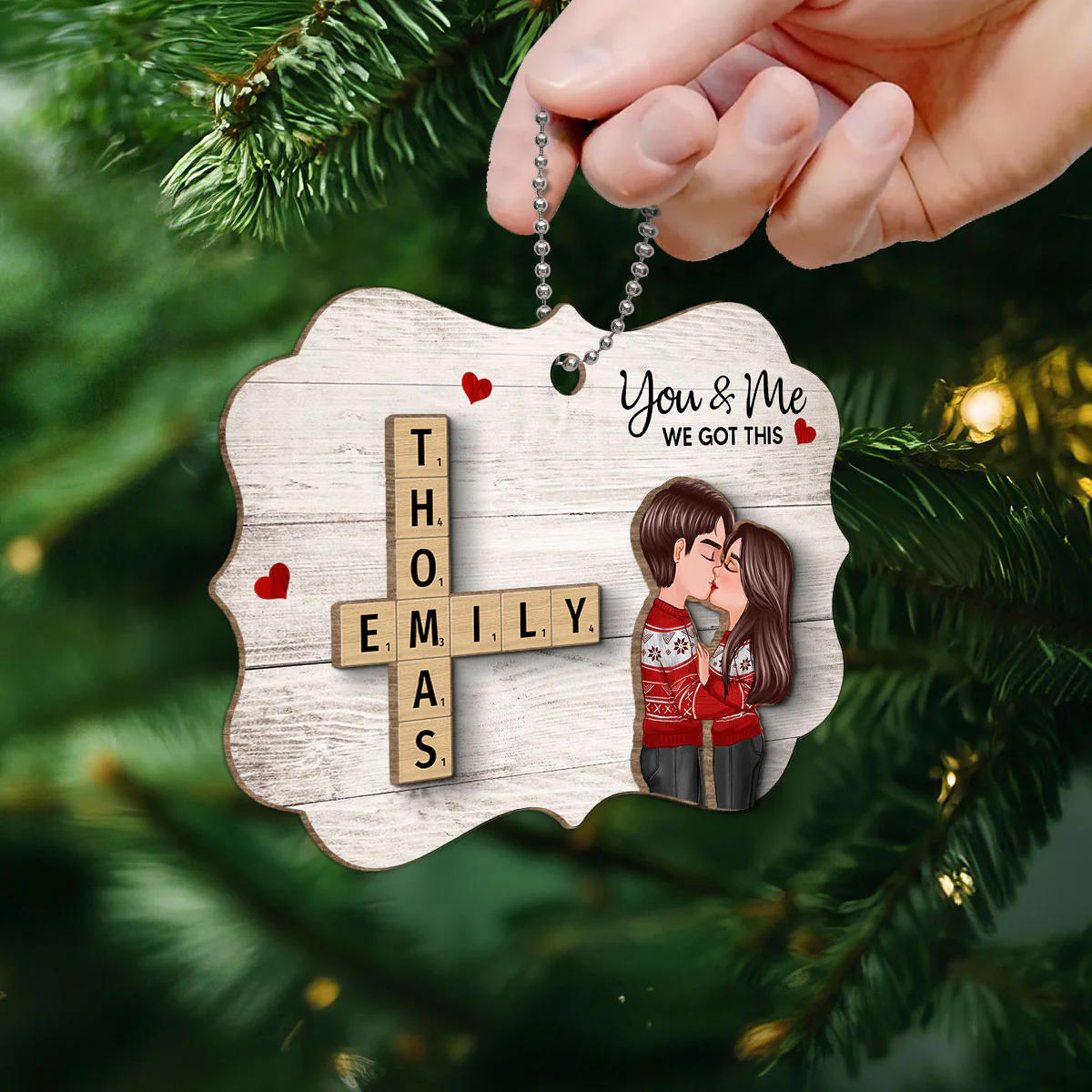 You & Me We Got This Couple Hugging Kissing Crossword Puzzle Art Personalized 2-Layer Wooden Ornament - Image 6