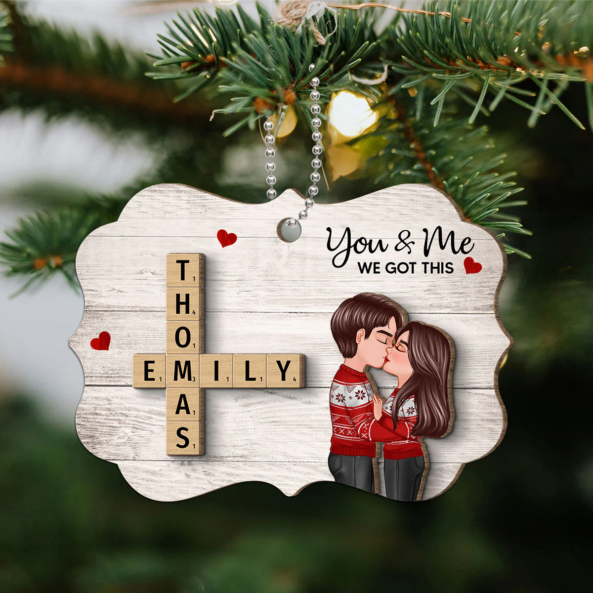You & Me We Got This Couple Hugging Kissing Crossword Puzzle Art Personalized 2-Layer Wooden Ornament - Image 7
