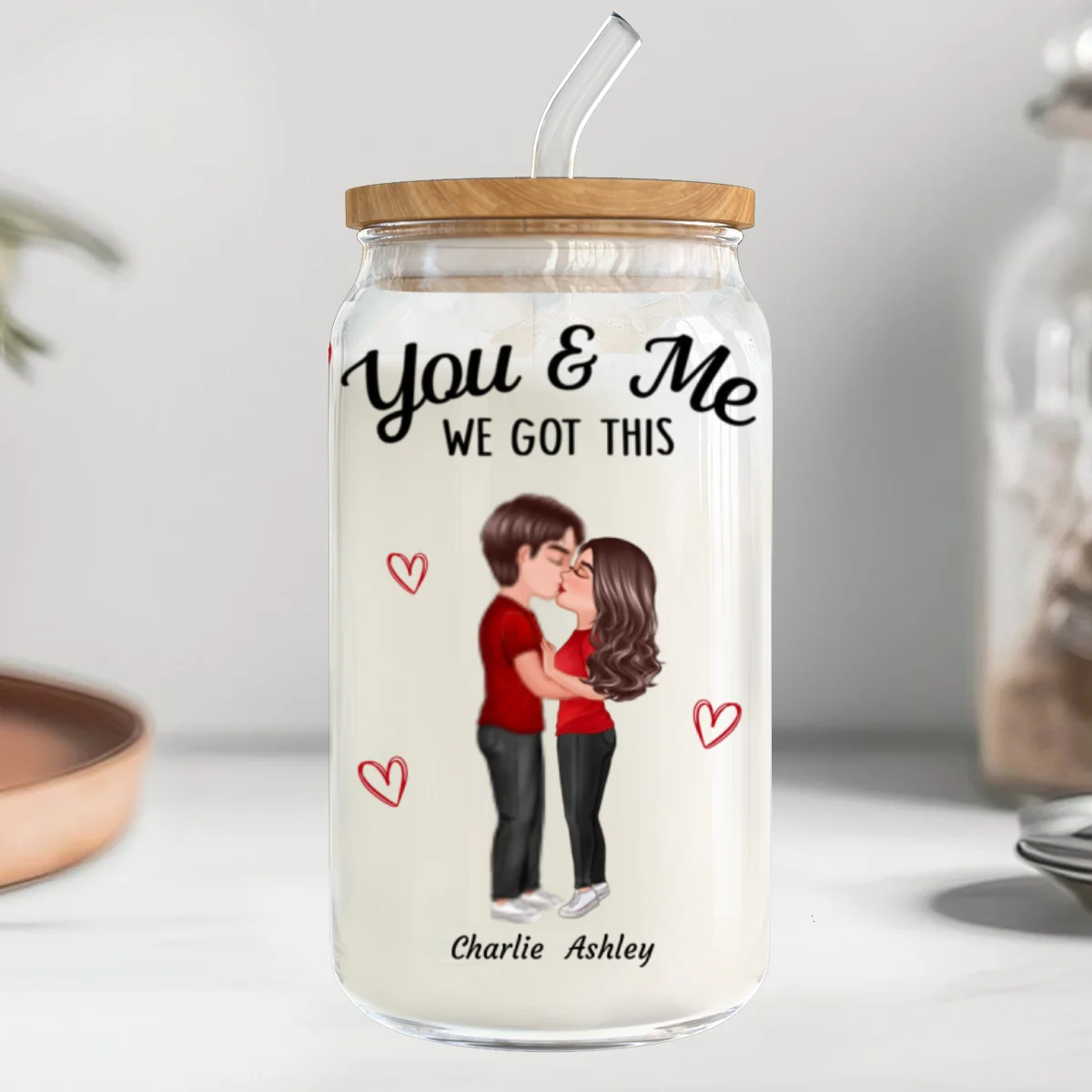 You & Me We Got This Couple Kissing Gift For Him Gift For Her Personalized Clear Glass Can - Image 12