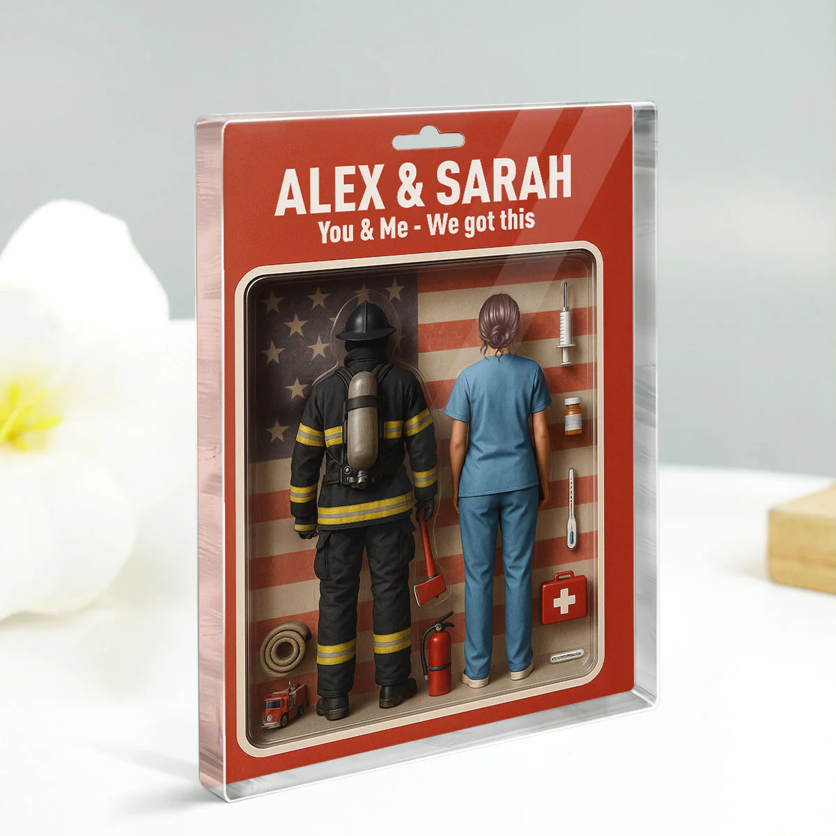 You & Me We Got This Firefighter & Nurse Couple Realistic Figures Style Personalized Acrylic Block Plaque - Image 5