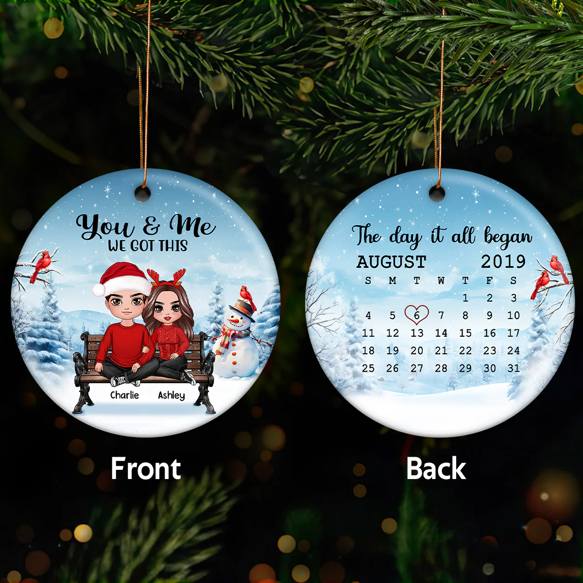 You & Me We Got This Pajamas Couple Sitting Anniversary Date Calendar Personalized Double Sided Circle Ornament