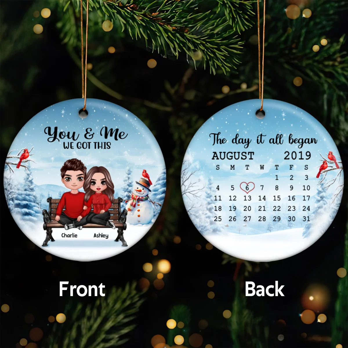 You & Me We Got This Pajamas Couple Sitting Anniversary Date Calendar Personalized Double Sided Circle Ornament - Image 5