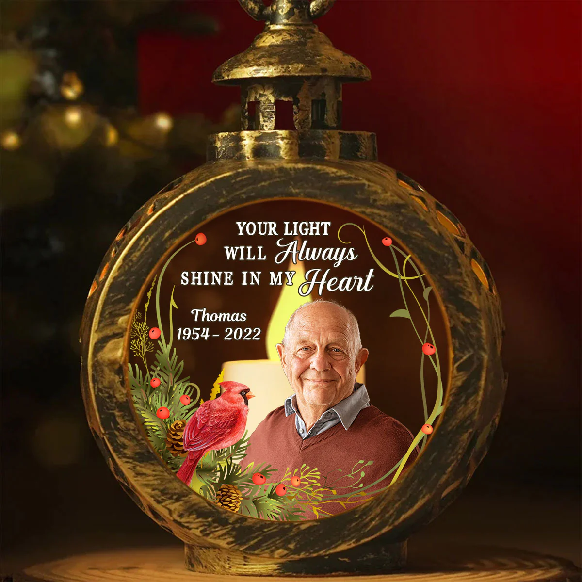 Your Light Will Always Shine In My Heart Memorial Keepsake Photo Upload Personalized Lantern Ornament - Image 3