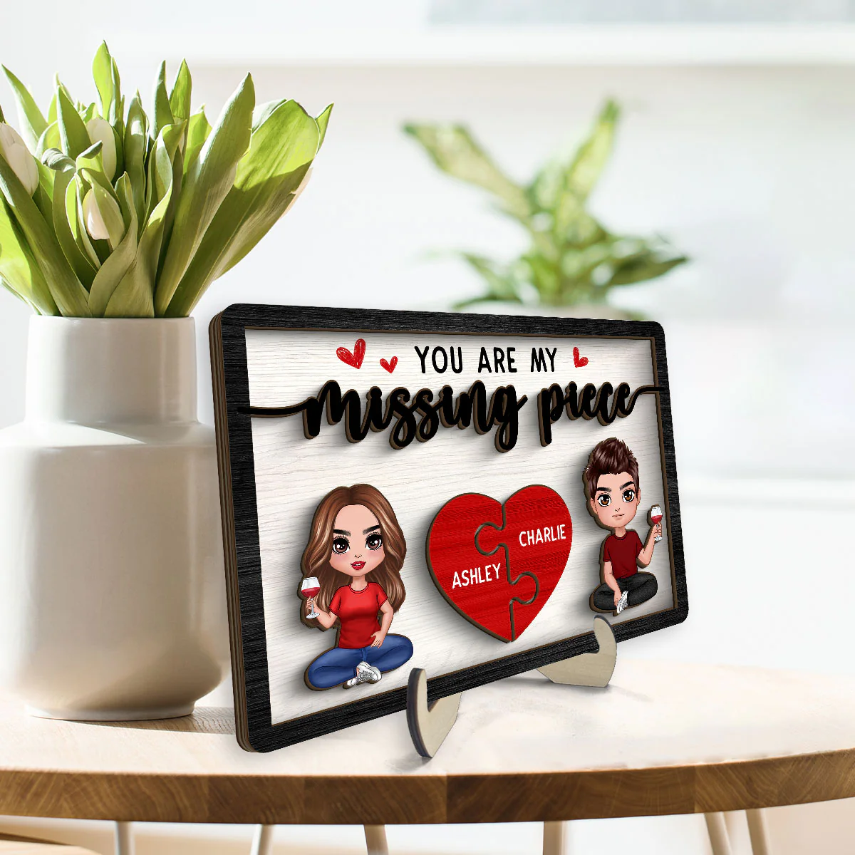 You‘re My Missing Piece Doll Couple Sitting Valentine’s Day Gift For Him For Her Personalized 2-Layer Wooden Plaque - Image 3