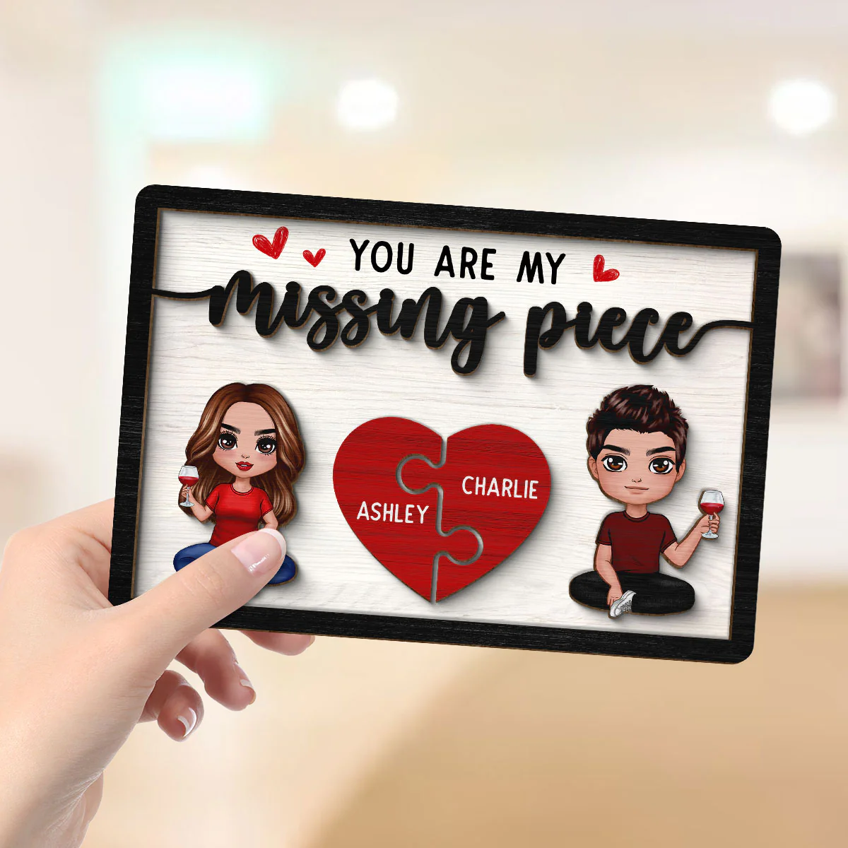 You‘re My Missing Piece Doll Couple Sitting Valentine’s Day Gift For Him For Her Personalized 2-Layer Wooden Plaque - Image 4