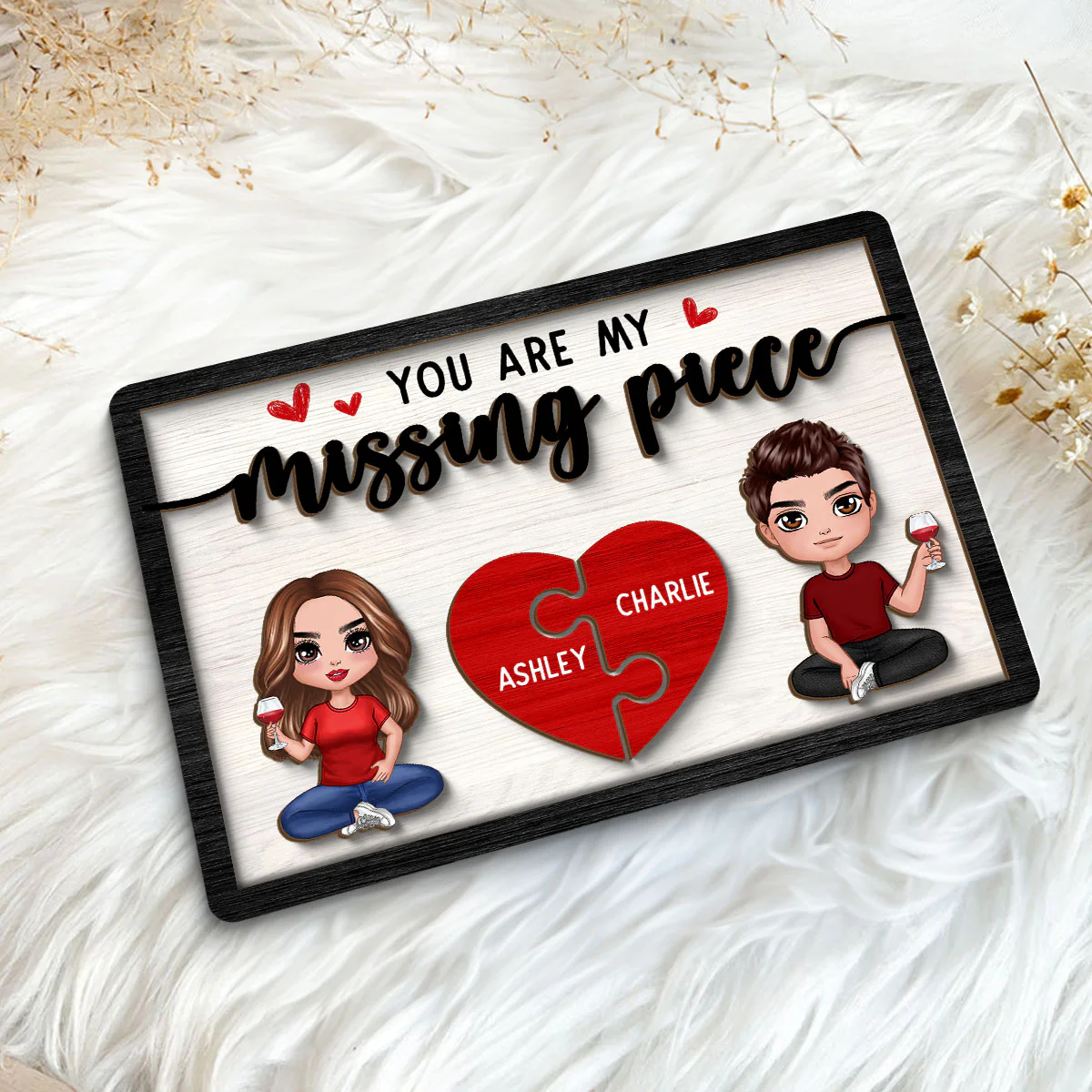 You‘re My Missing Piece Doll Couple Sitting Valentine’s Day Gift For Him For Her Personalized 2-Layer Wooden Plaque - Image 5