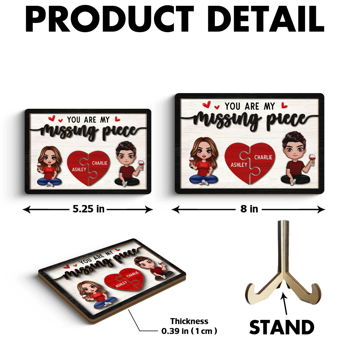 You‘re My Missing Piece Doll Couple Sitting Valentine’s Day Gift For Him For Her Personalized 2-Layer Wooden Plaque - Image 6