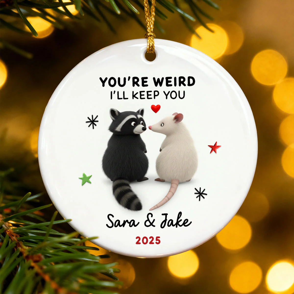 You're Weird, I'll Keep You Funny Raccoon Couple - Personalized Ceramic Ornament - Christmas Gift for her, Gift for him - Image 2