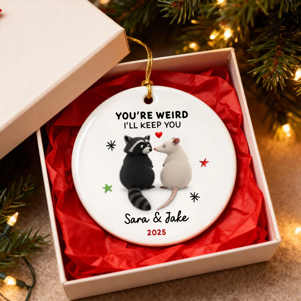 You're Weird, I'll Keep You Funny Raccoon Couple - Personalized Ceramic Ornament - Christmas Gift for her, Gift for him - Image 5
