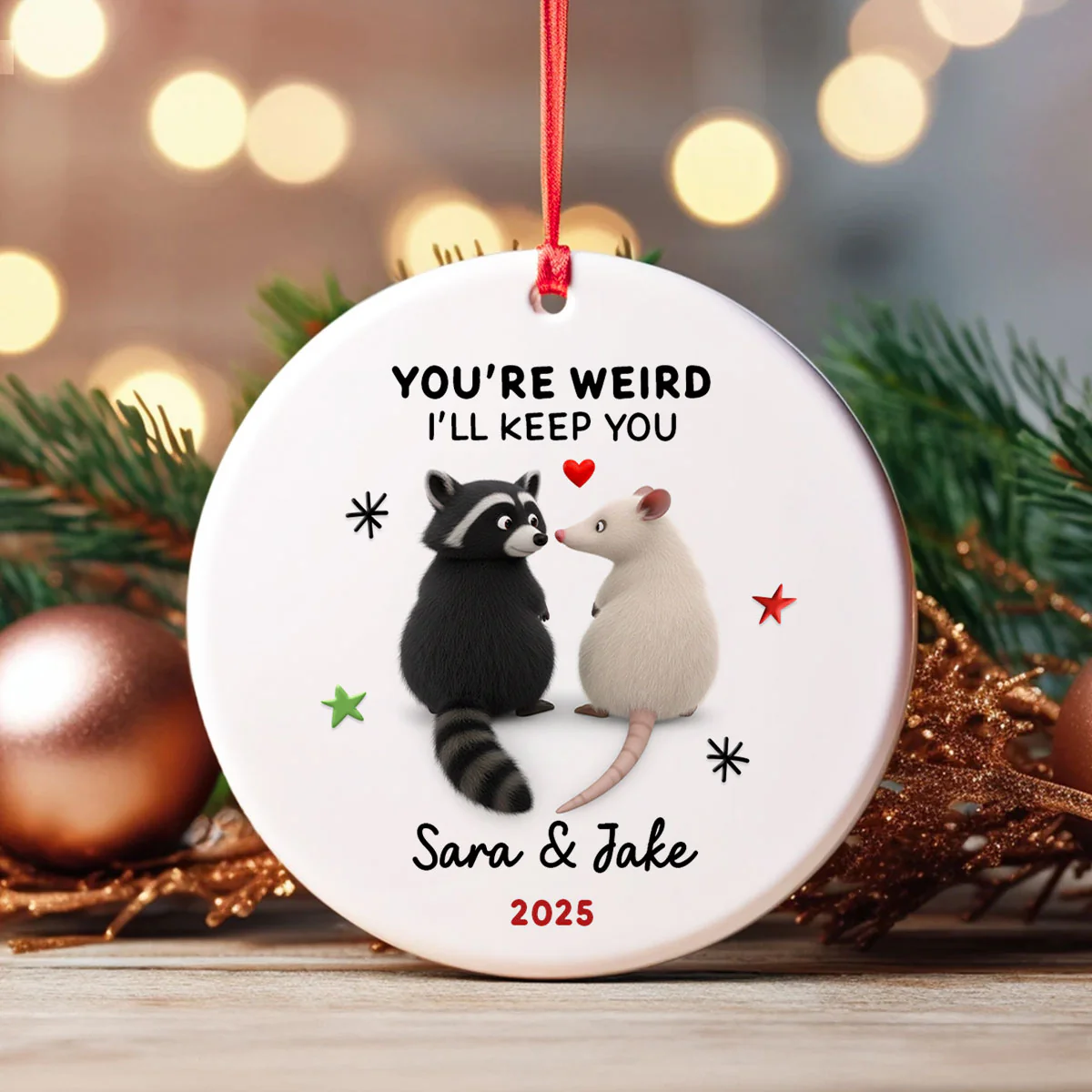 You're Weird, I'll Keep You Funny Raccoon Couple - Personalized Ceramic Ornament - Christmas Gift for her, Gift for him - Image 6