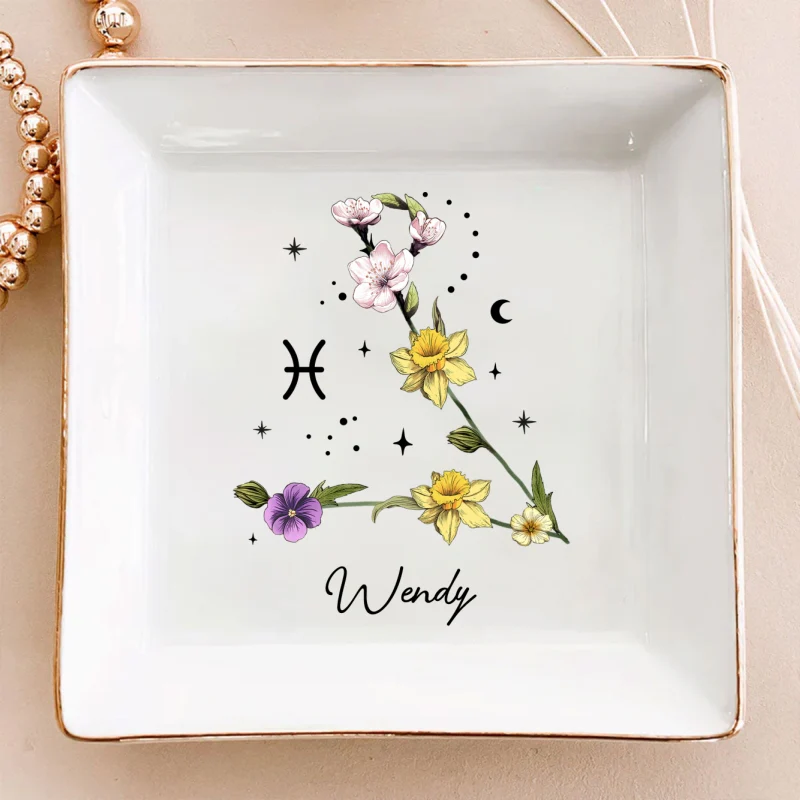 Zodiac Sign Birth Month Flower Personalized Jewelry Dish, Gifts For Friends, Daughter, Birthday Gifts - Image 12