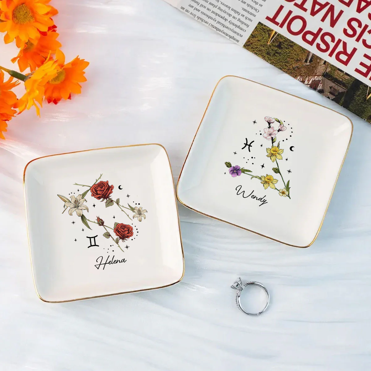 Zodiac Sign Birth Month Flower Personalized Jewelry Dish, Gifts For Friends, Daughter, Birthday Gifts - Image 2