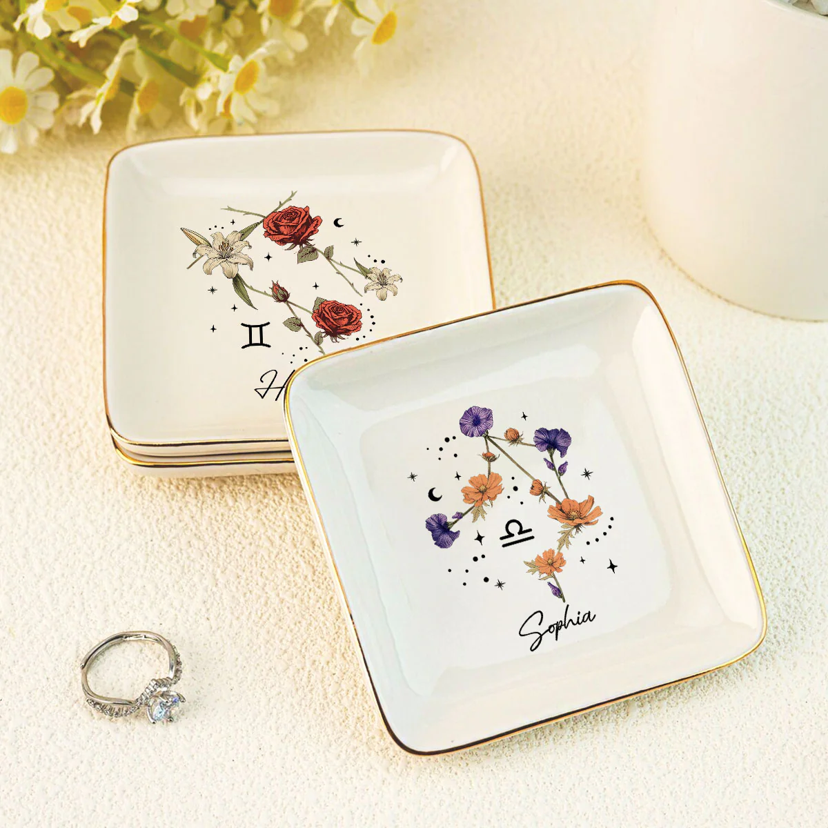 Zodiac Sign Birth Month Flower Personalized Jewelry Dish, Gifts For Friends, Daughter, Birthday Gifts - Image 3