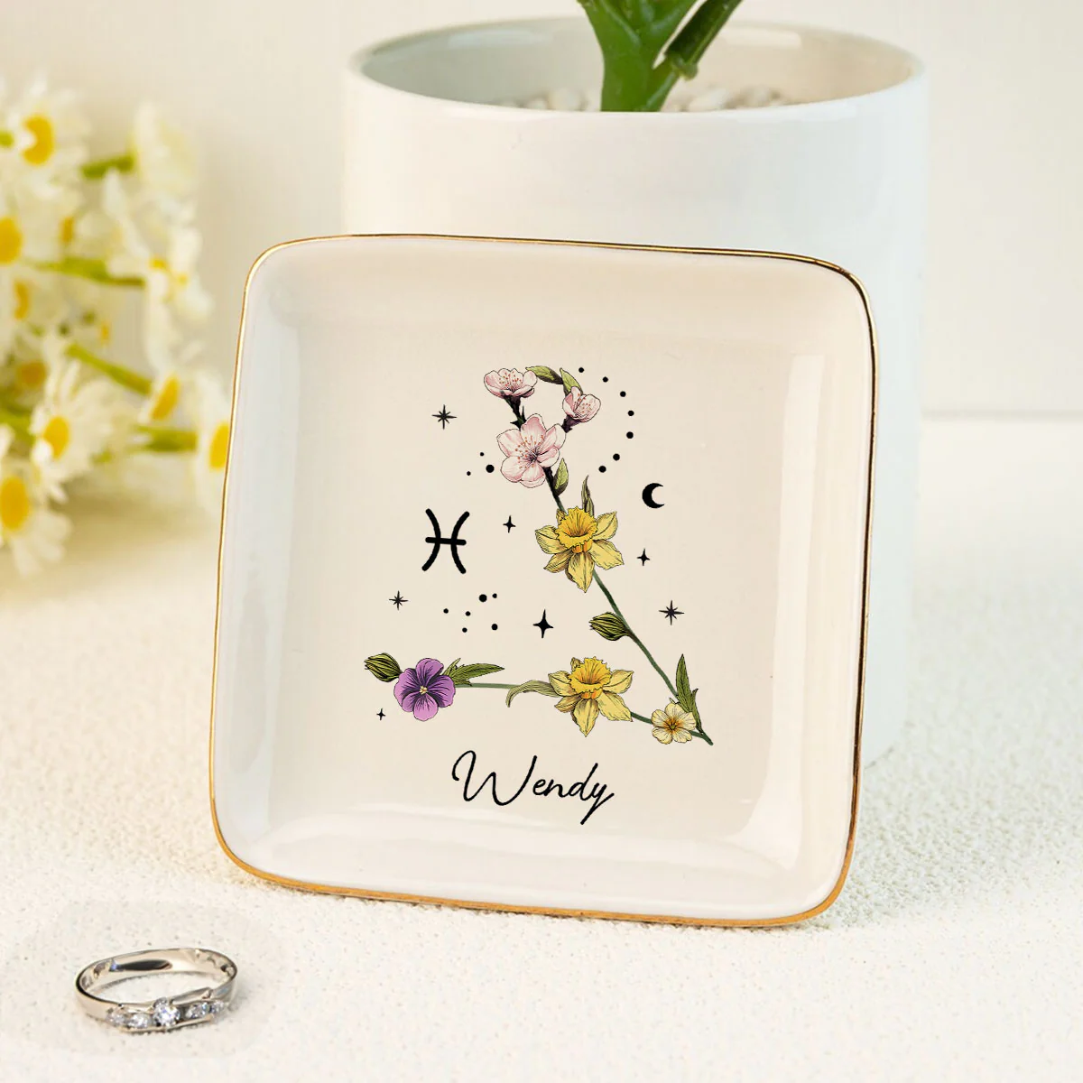 Zodiac Sign Birth Month Flower Personalized Jewelry Dish, Gifts For Friends, Daughter, Birthday Gifts - Image 7