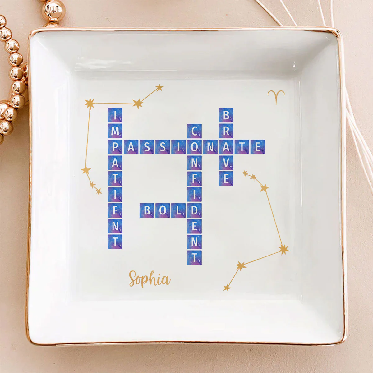 Zodiac Sign Crossword Astrological Personalized Jewelry Dish, Gifts For Friends, Daughter Birthday Gifts